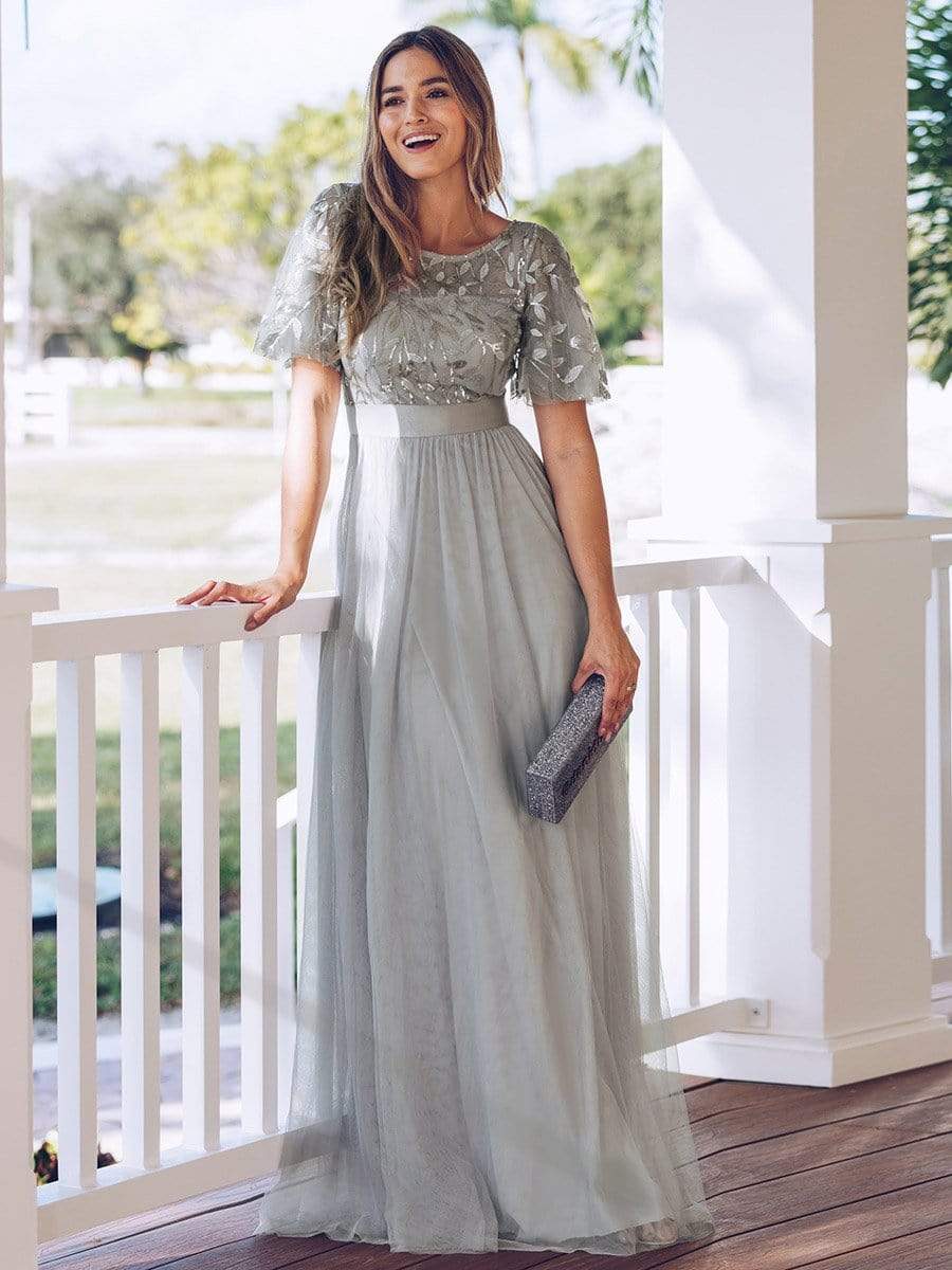 Maxi Short Sleeve Leaf Sequin Tulle Wedding Guest Dresses - Ever-Pretty UK